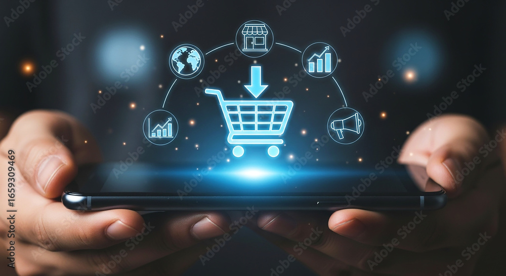 Poster hands holding a smartphone displaying an online shopping cart with various business icons around it