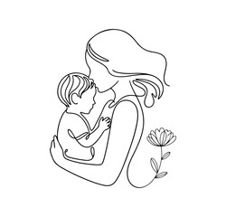 Continuous Line Mother Holding Child with Floral Accent – Minimalist Line Art Celebrating Care and Affection. Vector Illustration