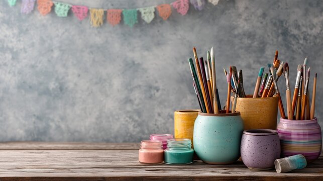 teacher tools on wooden desk Colorful pots filled with paintbrushes and jars, set against a textured backdrop.