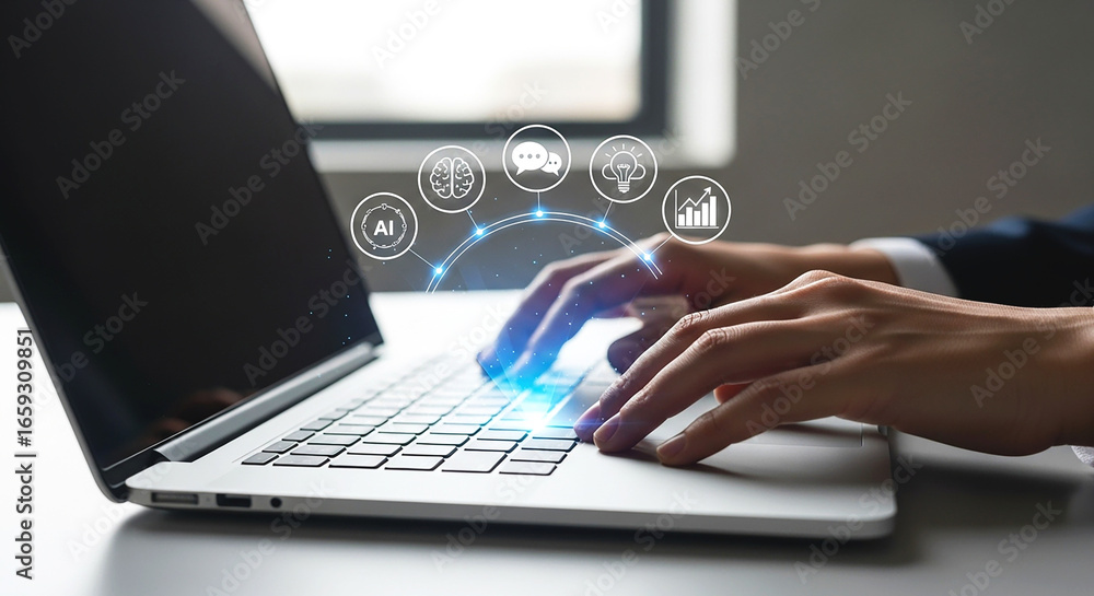 Poster hands typing on a laptop with ai brain chat bulb and graph icons overlayed on the screen interface
