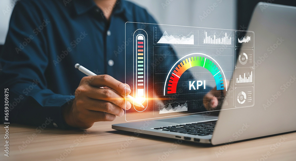 Poster person using a stylus on a laptop displaying a kpi dashboard with charts and a gauge indicator