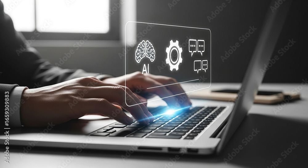Poster person typing on a laptop with ai icons displayed above the keyboard in a modern office setting