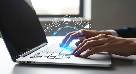Hands typing on a laptop with ai brain chat bulb and graph icons overlayed on the screen interface