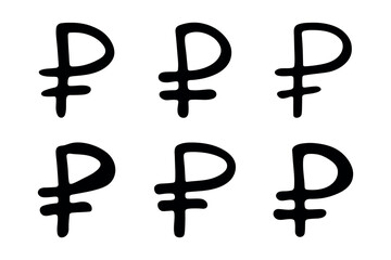 Set of hand drawn russian ruble currency symbol. Brush stroke doodle. Single element for design