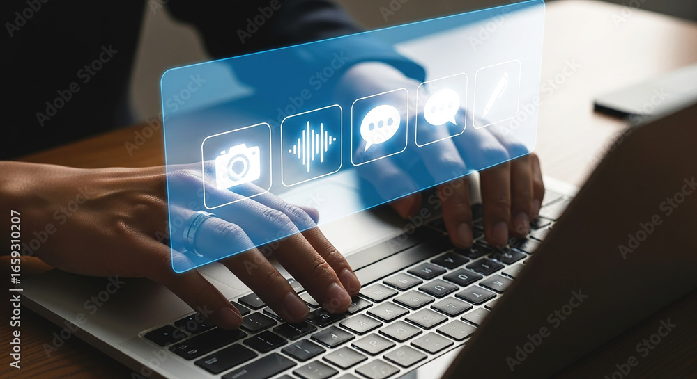 Poster person typing on a laptop with floating icons of camera audio messages and speech bubbles above keyb