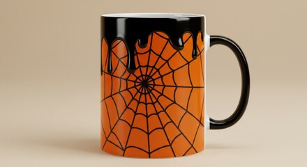 Halloween mug orange with a black web, black drips from the top edge. Simple, festive