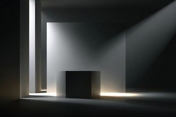 Empty dark stone pedestal with spotlight in moody studio setting, ideal for product display, branding, or minimalist design themes.
