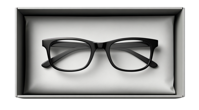 Black eyeglasses in a gray box