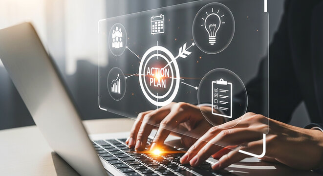 Person typing on a laptop with a digital action plan overlay featuring business related icons around it