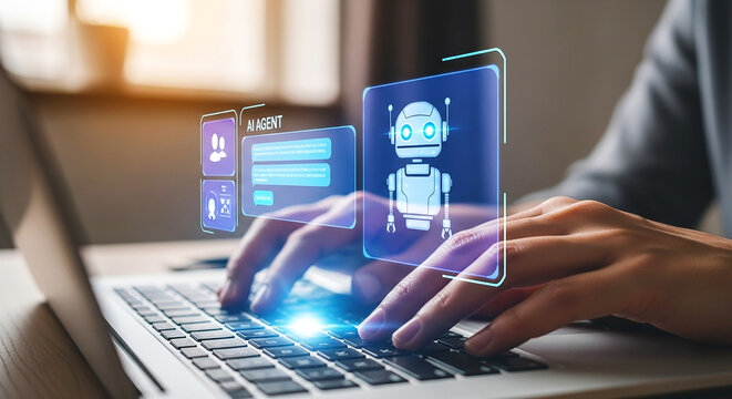 Person typing on laptop with ai agent interface and robot assistant displayed on screen above keyboard - Powered by Adobe