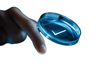 Hand points to glowing, circular, digital checkmark