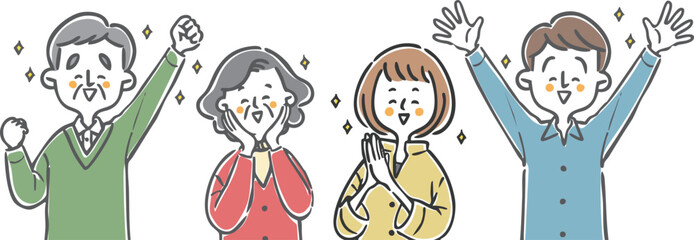 喜んでいる家族二世帯　上半身　ベクター
