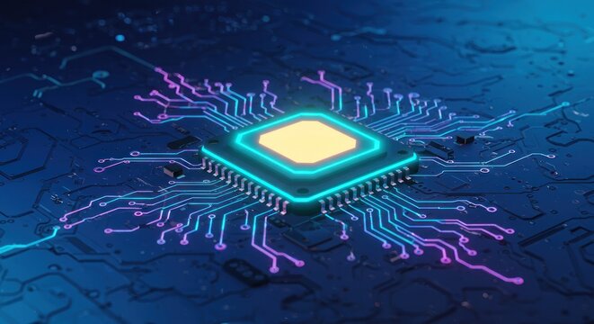 Illuminated central processor chip on a blue patterned board. Glowing with bright light, intricate pathways