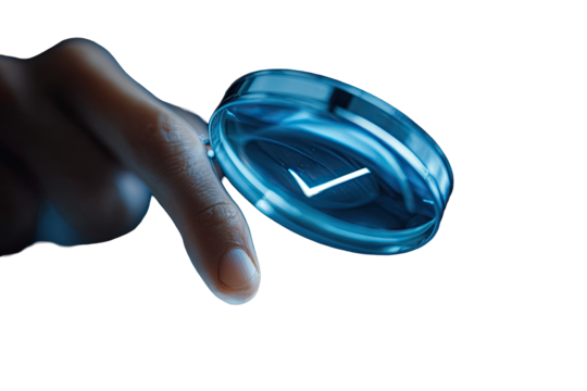 Hand points to glowing, circular, digital checkmark