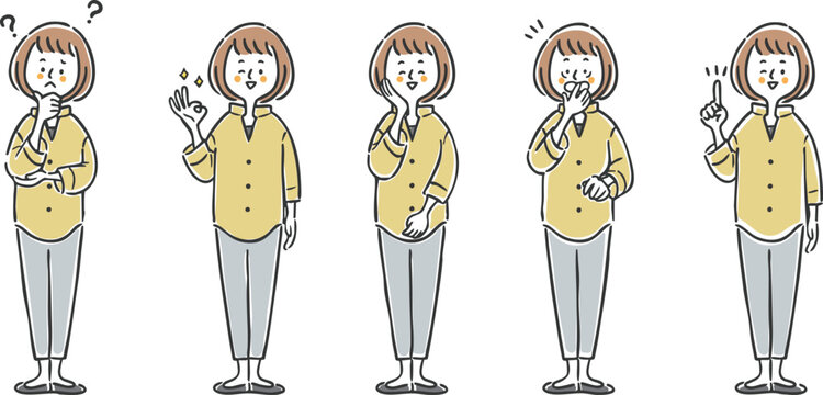 いろんな表情の女性のイラストセット2　全身　ベクター