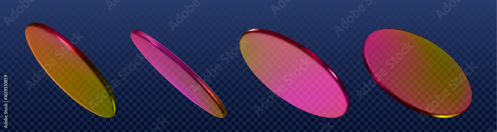 Poster 3d holographic podium discs with gradient colors from pink to yellow. glossy metallic ovals floating