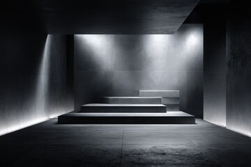 Empty dark stone pedestal with spotlight in moody studio setting, ideal for product display, branding, or minimalist design themes.