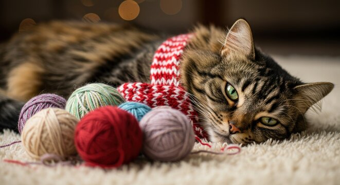Content cat with scarf rests among yarn balls on a fluffy carpet under bokeh lights - Powered by Adobe