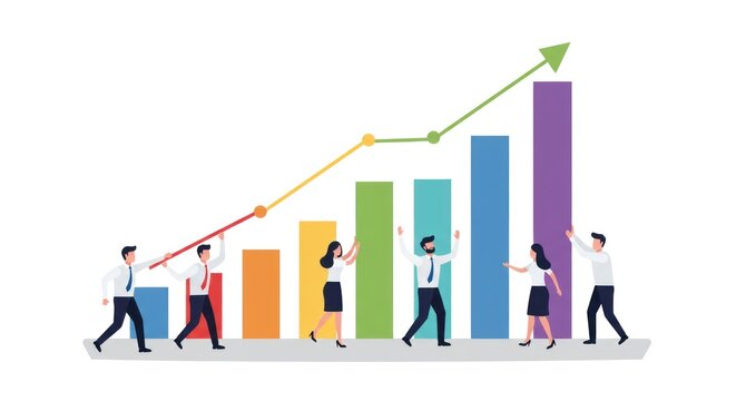Team raising chart line, celebrating growth, colorful bar graph on white