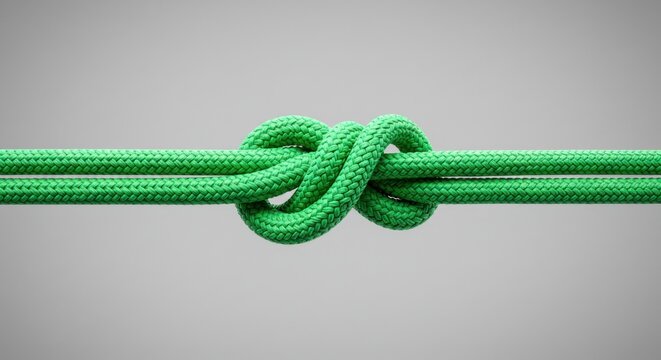 Central close-up shows a vibrant green rope tied in a complex knot against a neutral gray background