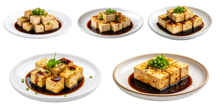 Korean tofu, bean curd food set isolated on transparent background.
