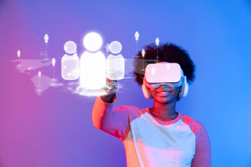 A young individual explores virtual reality, showcasing engagement with digital networking icons....