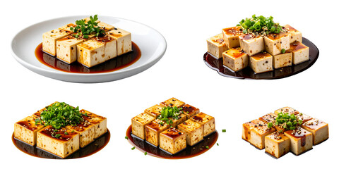 Korean tofu, bean curd food set isolated on transparent background.