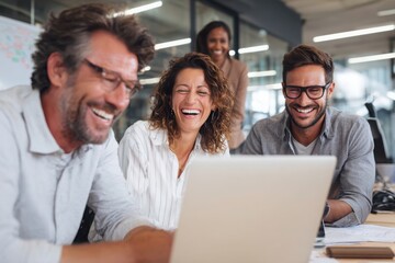 Young business man and woman working together in an office, having fun while looking at a computer screen with happy gestures on their hands. the smiling female appears surprised. 