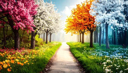 Fototapeta premium Colorful path through a seasonal forest