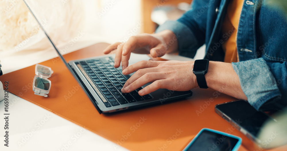 Poster laptop, hands and man in office with typing for research on creative project for publishing. technol