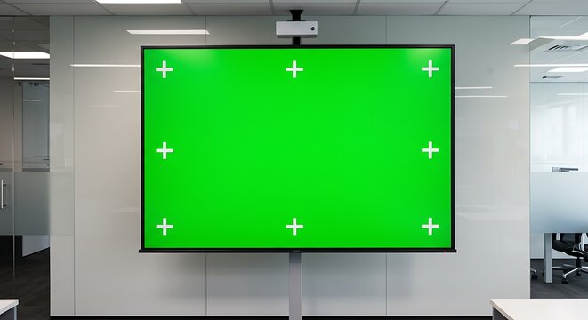 Green screen display with tracking markers in a modern conference room for virtual meetings and business presentations.