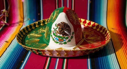 A sombrero painted with the Mexican flag sits atop a brightly colored striped blanket