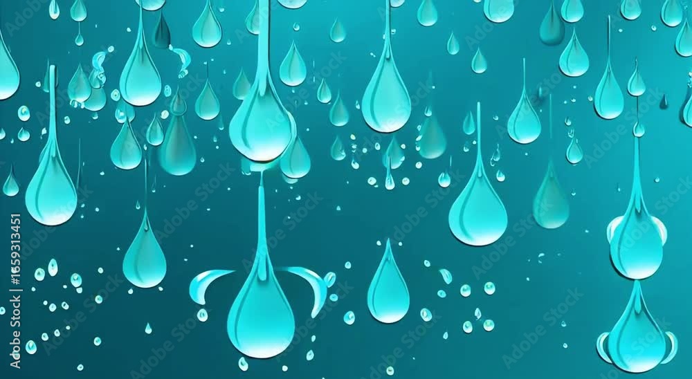 Poster water droplets falling against a refreshing teal background with a glossy finish and sparkling highl