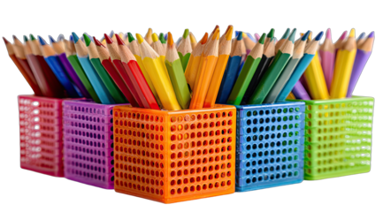 Colorful pencils in grid-patterned containers