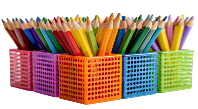 Colorful pencils in grid-patterned containers