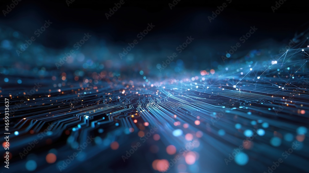 Poster futuristic network lines forming data abstract digital landscape with glowing lines and dots in blue