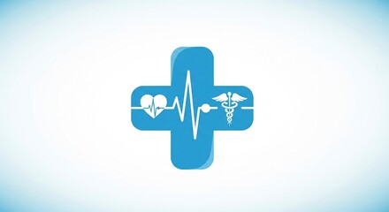 Obraz premium Blue medical cross icon with a heart heartbeat line and caduceus symbol on a gradient white backdrop