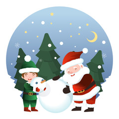 Santa Claus and an elf are making a snowman