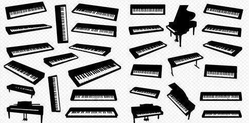 A collection of black silhouettes featuring various pianos and electronic keyboards scattered randomly. © Adji
