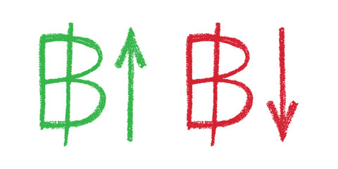Hand drawn thai baht currency symbol Growth and fall profit with arrow up and down Brush stroke doodle Element for design