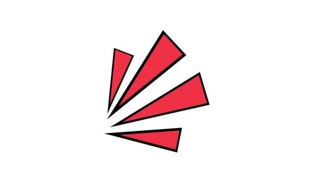 2D graphic explosion animation. A black shape on a green background transitions into a red shape with a black outline on a white background.