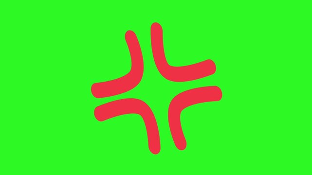Animated red manga anger symbol on a green screen background. Simple 2D flat graphic pulses and shakes as smaller marks pop around it.