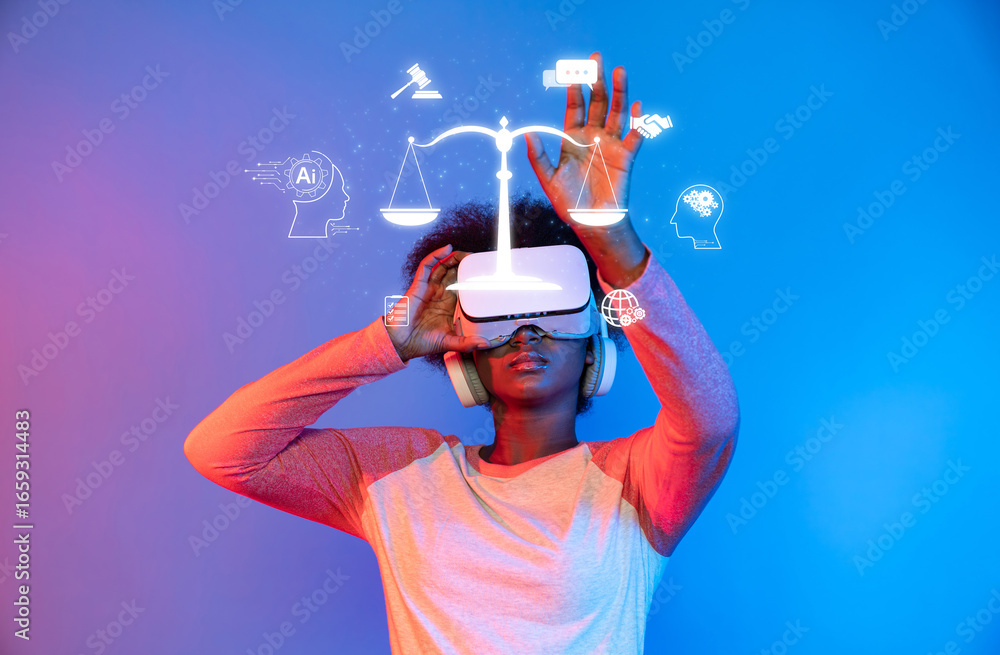 Poster a creative representation of a person in virtual reality exploring themes of artificial intelligence