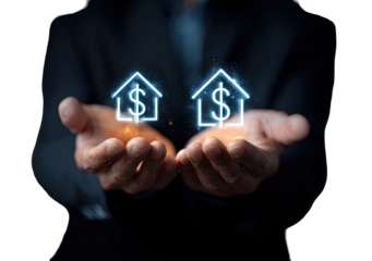 Hands holding glowing house & dollar symbols