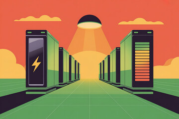 This modern flat design artwork depicts scalable energy storage units under sunset sky with UFO like object emitting light, symbolizing renewable energy and futuristic technology