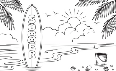 Summer Beach Surfboard Illustration with Seashells and Bucket &ndash; Black and White Line Art, surfboard