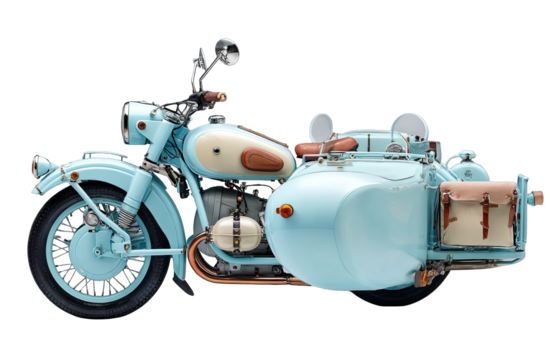 Light-blue vintage motorcycle with sidecar