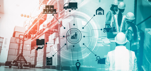 Smart warehouse management system with innovative internet of things technology to identify package picking and delivery . Future concept of supply chain and logistic network business .