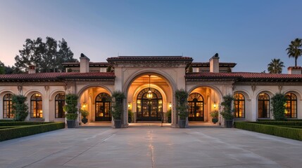 Stunning mansion entrance featuring arched doorway and lush hedges illuminated by afternoon sunlight