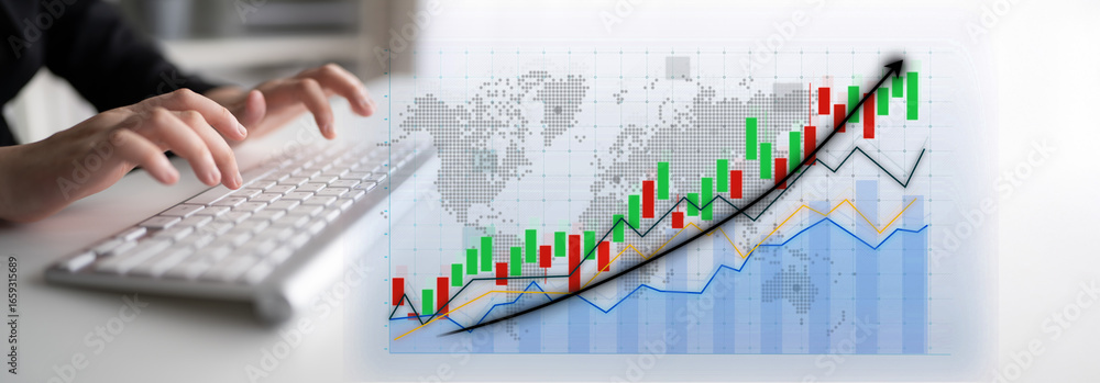 Poster a close-up view of hands typing on a keyboard with stock market graphs illustrating global financial